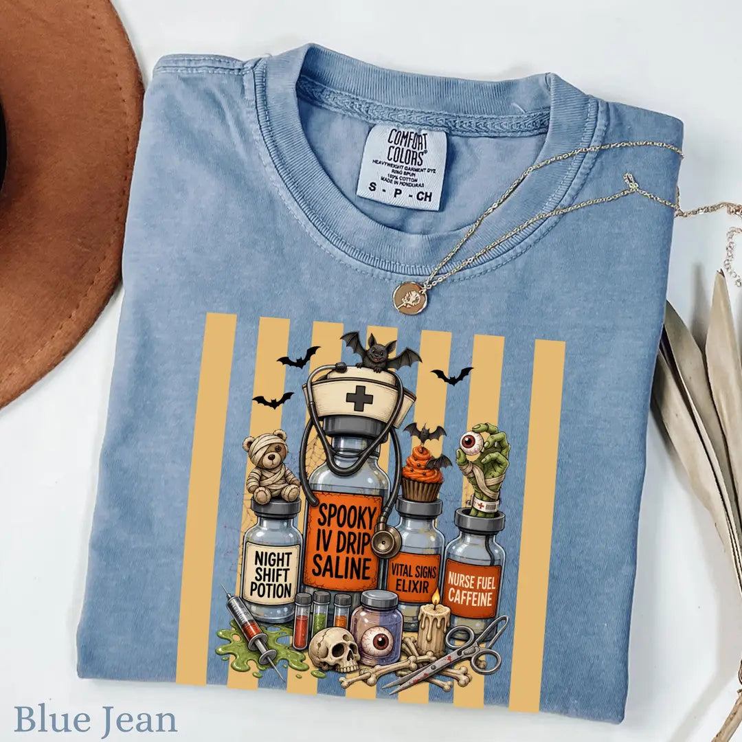 Nurse Halloween Potion Bottles Comfort Colors T-Shirt alternate product view in Blue Jean.
