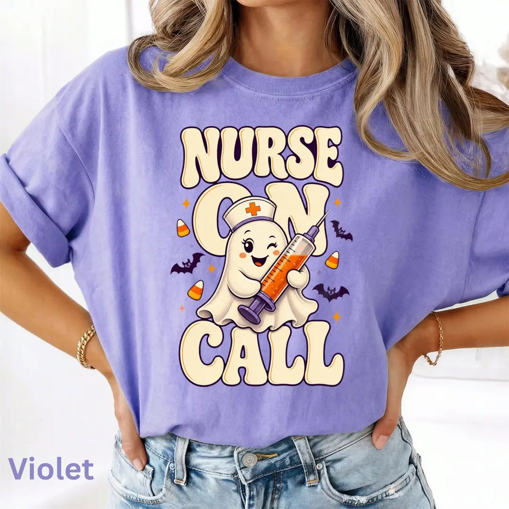 Nurse On Call Halloween Comfort Colors T-Shirt alternate product view in Violet.