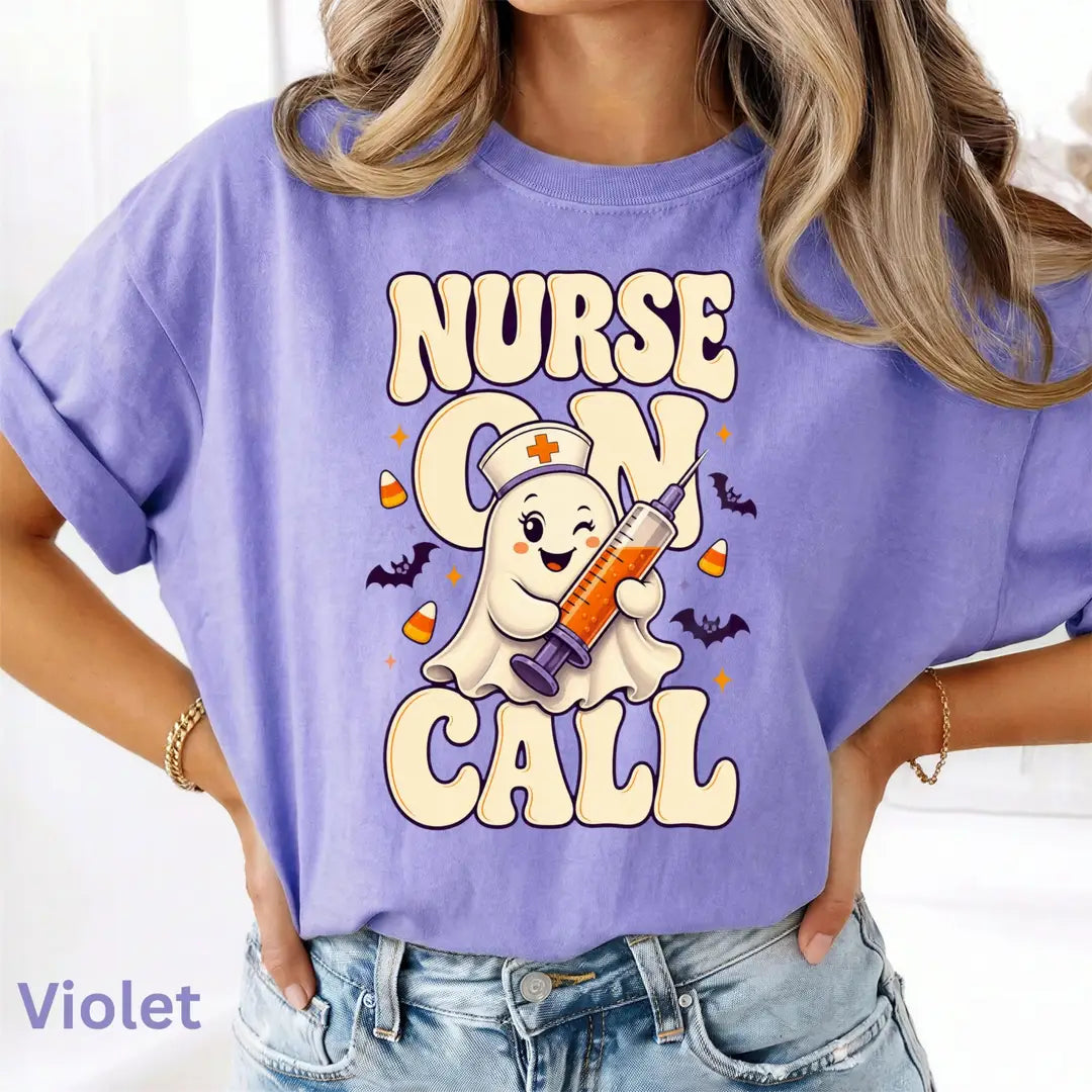 Nurse On Call Halloween Comfort Colors T-Shirt alternate product view in Violet.