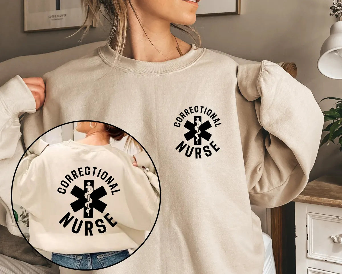 Crewneck sweatshirt with printed Corrections Nurse design, alternate product view.