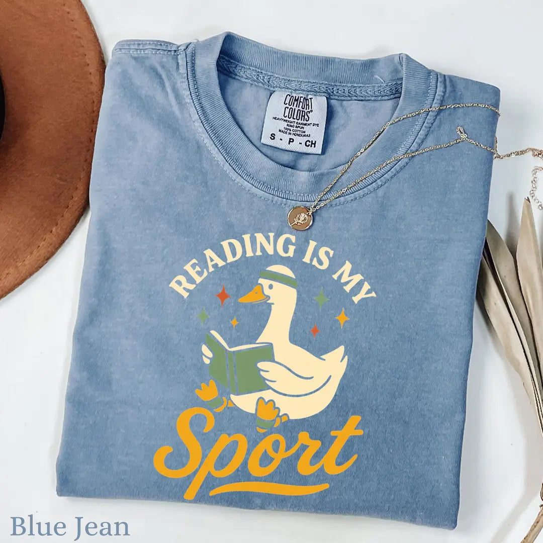 Blue Jean Comfort Colors 1717 T-shirt with Reading Goose design, alternate product view.