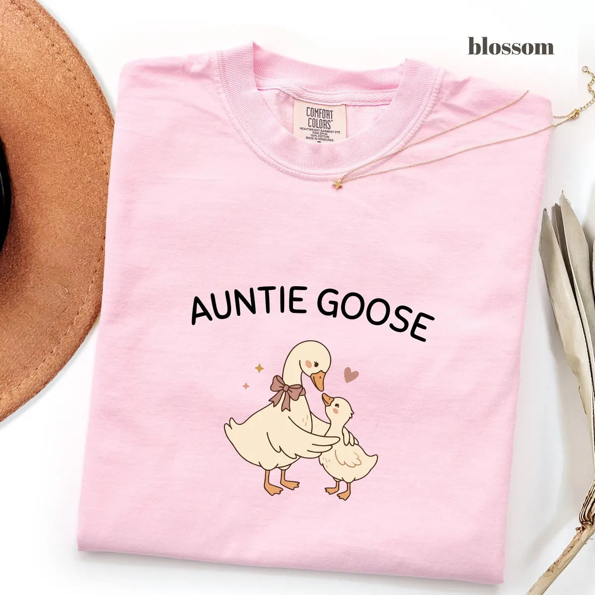 Blossom Comfort Colors 1717 T-shirt with Auntie Goose design worn by a model