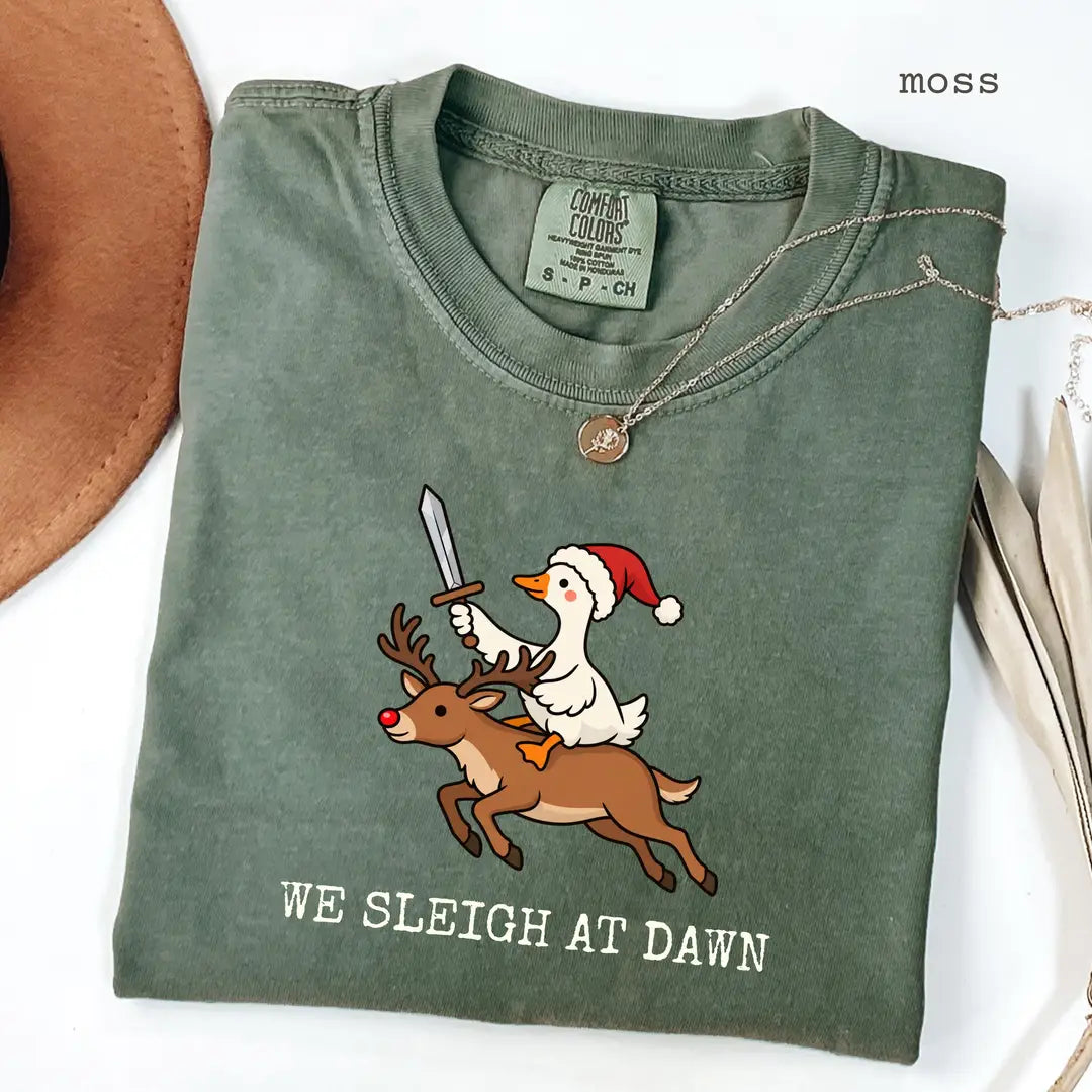 Moss Comfort Colors 1717 T-shirt with We Sleigh at Dawn Goose design worn by a model