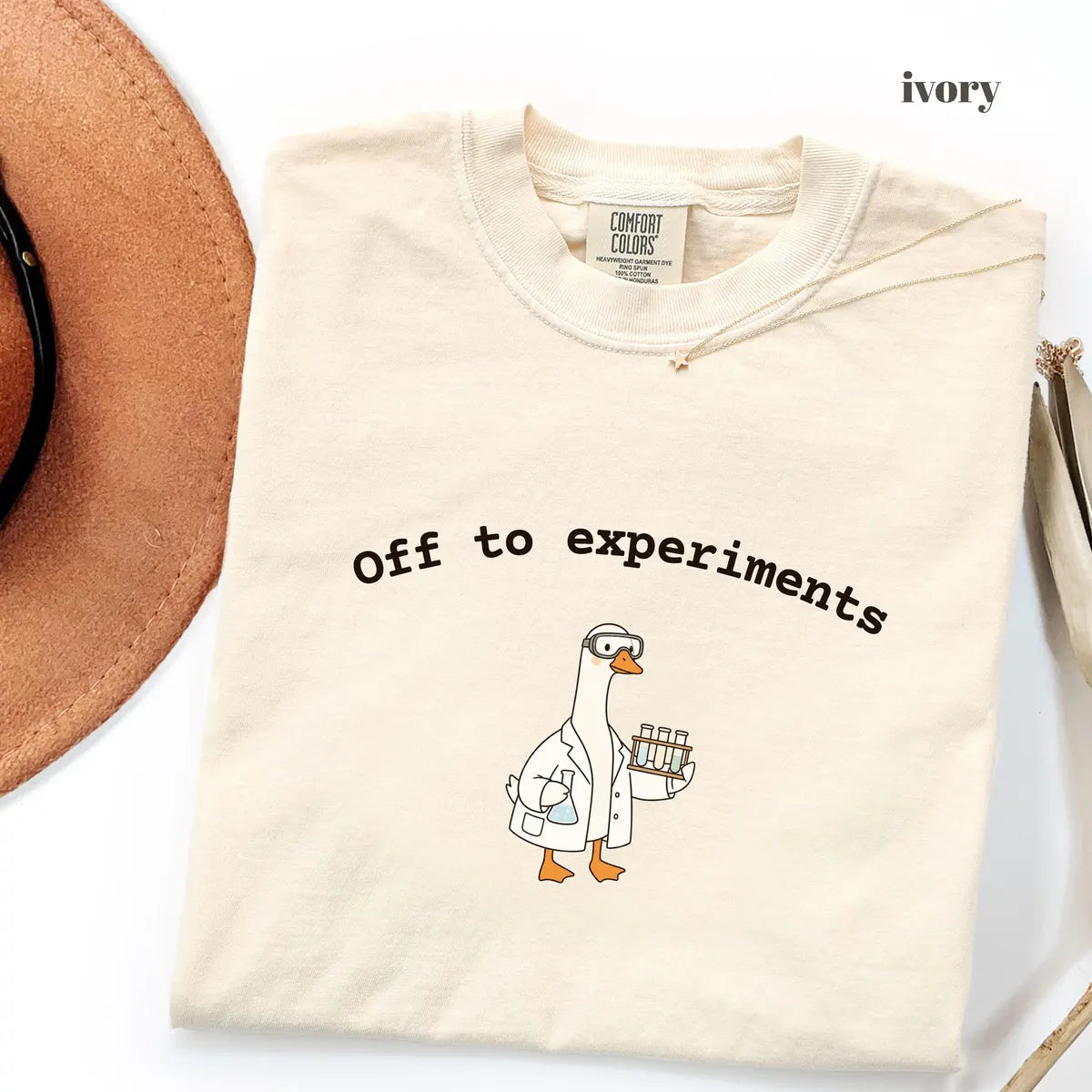 Ivory Comfort Colors 1717 T-shirt with Off To Experiments design worn by a model
