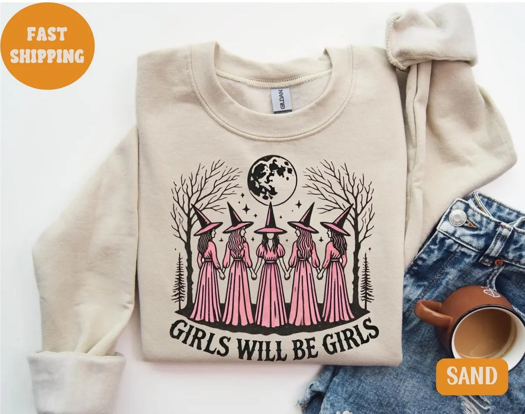 Sand Crewneck sweatshirt with printed Vintage Girls Will Be Girls Witch design, alternate product view.
