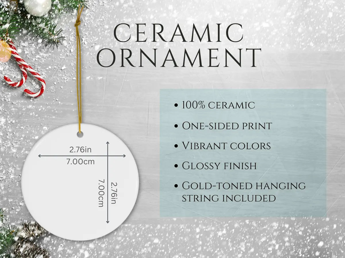 Ceramic ornament product details card showing 2.76 inches / 7.00 cm size, one-sided printing, glossy finish, and a gold-toned hanging string.