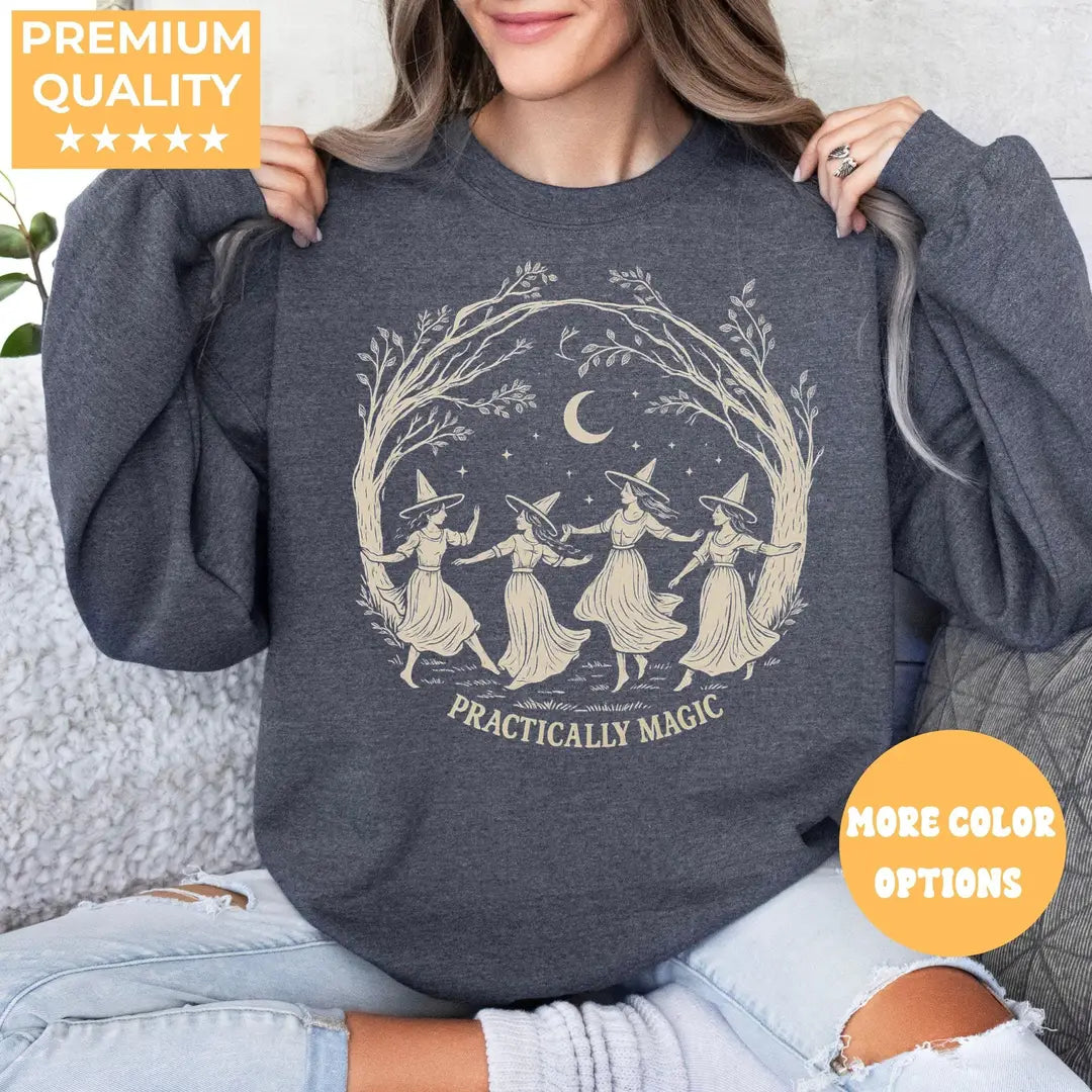 Dark Heather Crewneck sweatshirt with Witchy Halloween design, alternate product view.