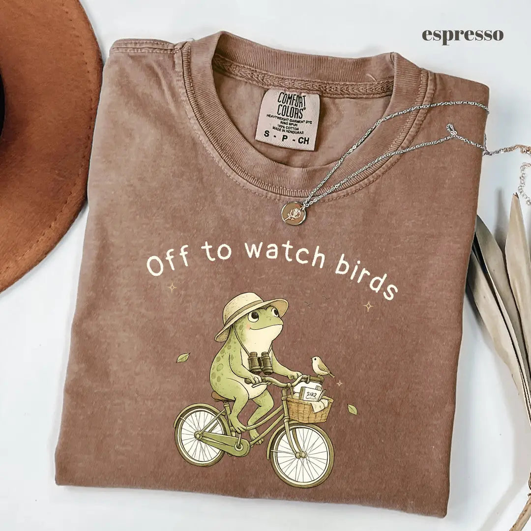 Espresso Comfort Colors 1717 T-shirt with Birdwatching design worn by a model