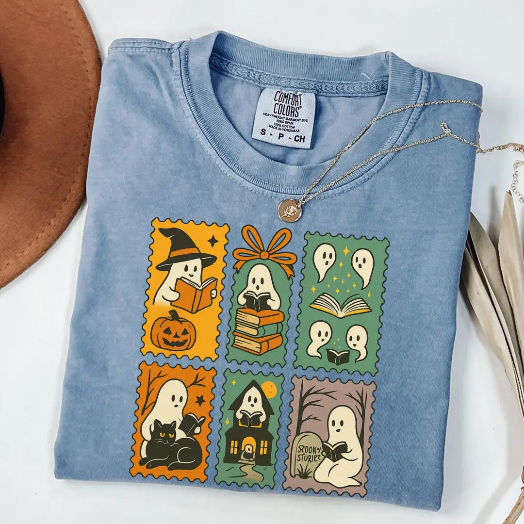 Halloween Ghost Book Club Patchwork - Bookish Comfort Colors T-Shirt alternate product view in Blue Jean.