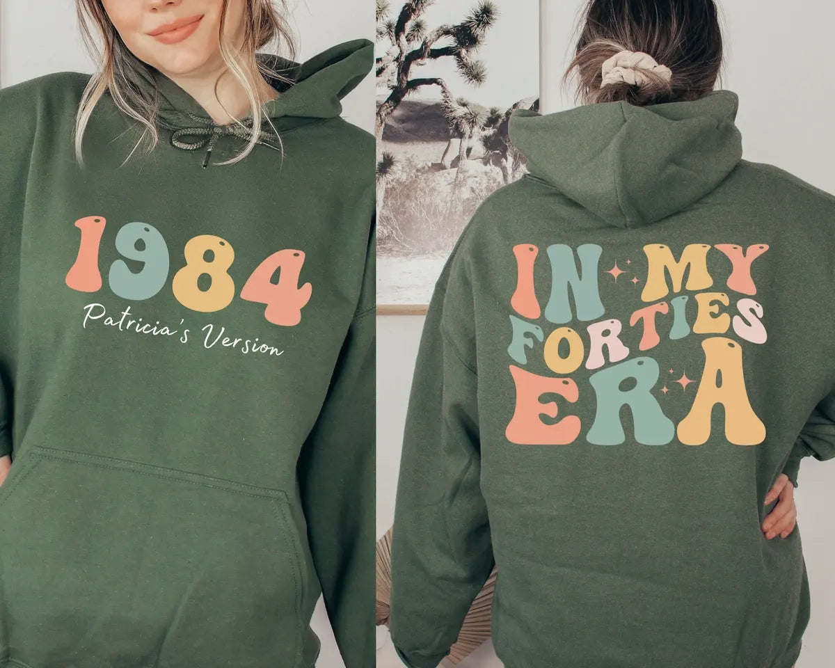 Crewneck sweatshirt with printed Custom In My Forties Era design, alternate product view.
