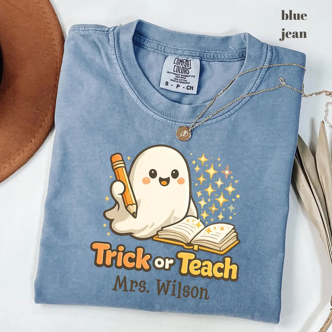 Blue Jean Comfort Colors 1717 T-shirt with Halloween Teacher design