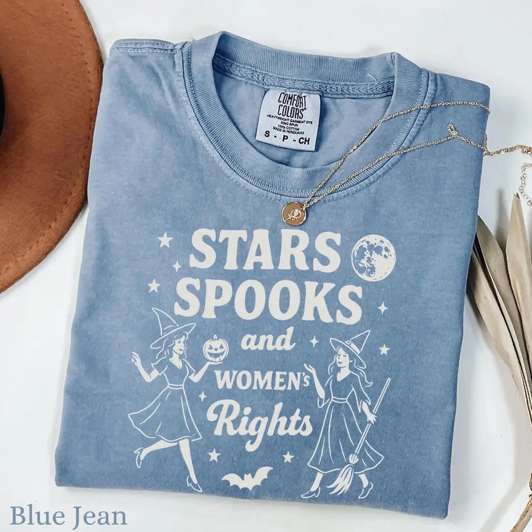Stars Spooks & Women's Rights - Witch Halloween Comfort Colors T-Shirt alternate product view in Blue Jean.