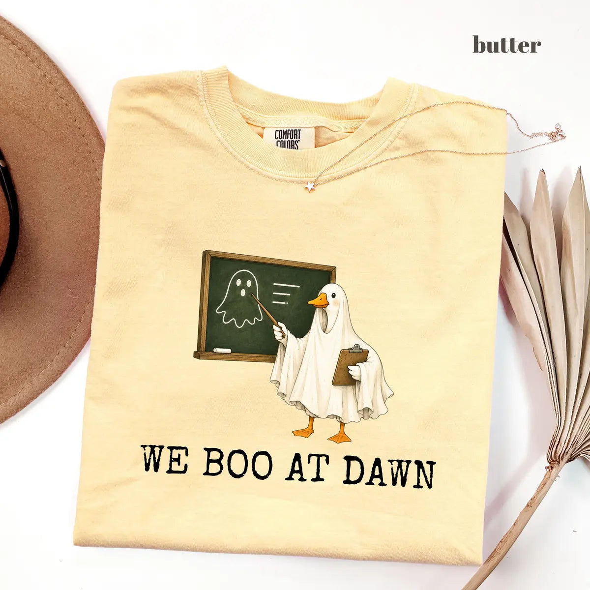 Butter Comfort Colors 1717 T-shirt with We Boo At Dawn Goose design worn by a model