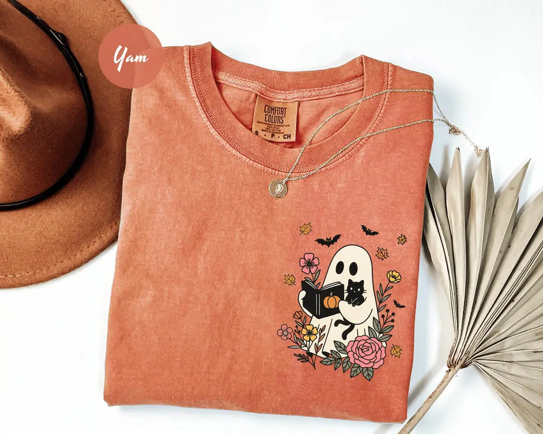 Comfort Colors 1717 T-shirt with Floral Halloween Ghost and Black Cat design alternate view