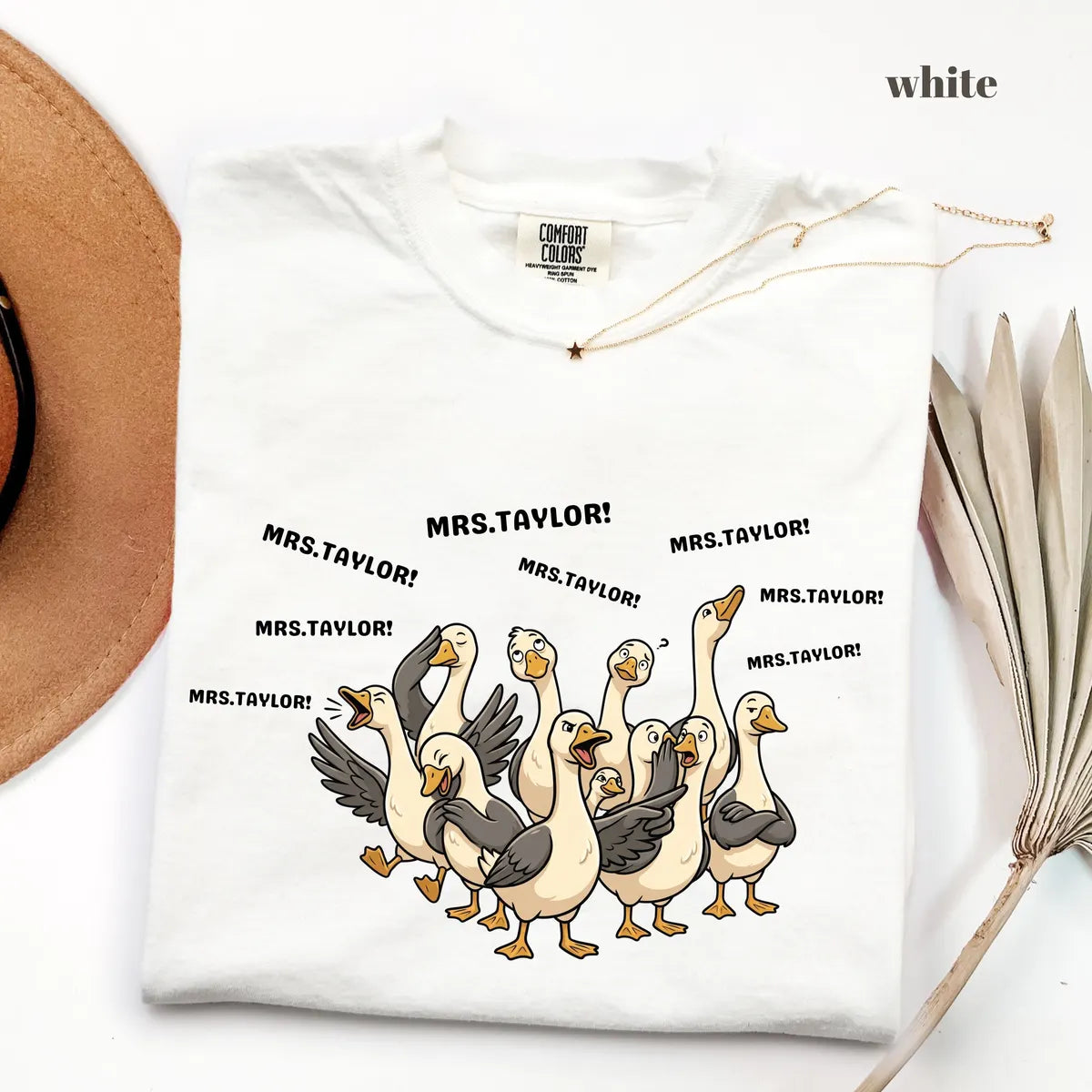 White Comfort Colors 1717 T-shirt with Goose Teacher design