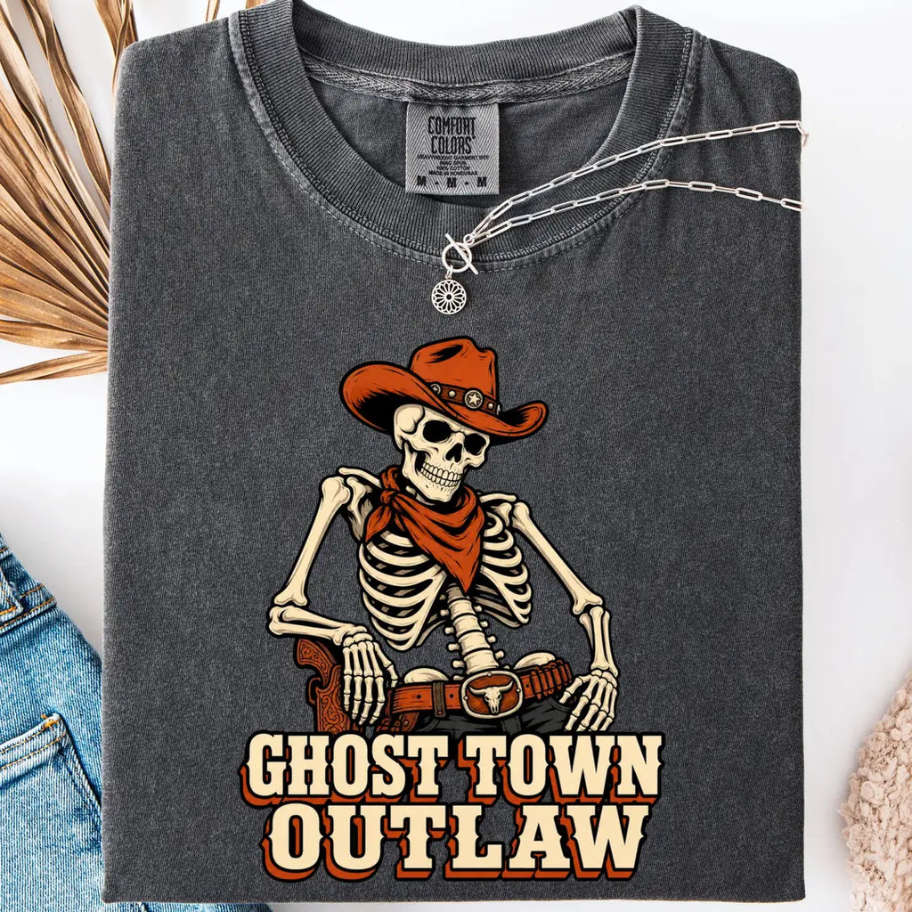 He's My Trick She's My Treat Skeleton Couple Comfort Colors T-Shirt shown on a model.