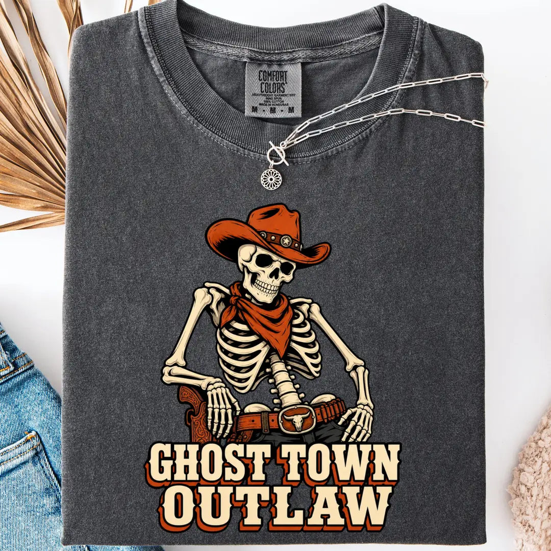 He's My Trick She's My Treat Skeleton Couple Comfort Colors T-Shirt shown on a model.
