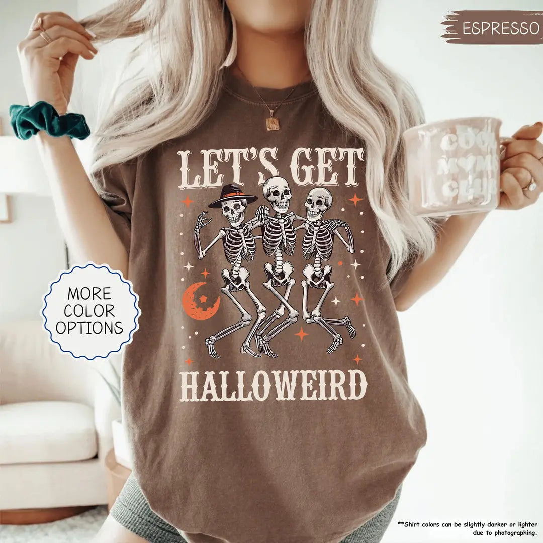 Espresso Comfort Colors 1717 T-shirt with Let's Get Halloweird Dancing Skeletons design