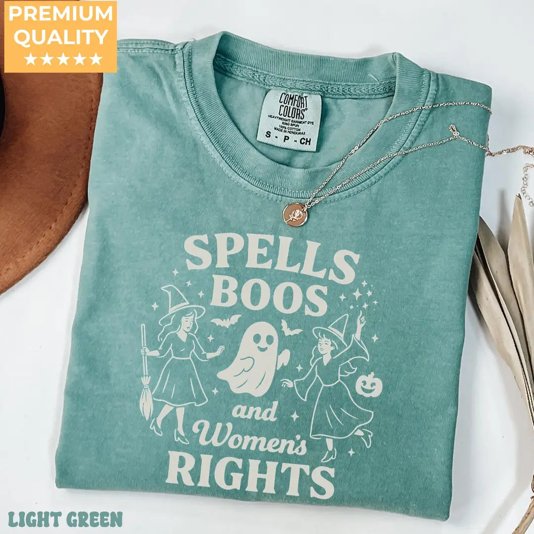 Spells Boos & Women's Rights - Witch Halloween Comfort Colors T-Shirt alternate product view in Light Green.