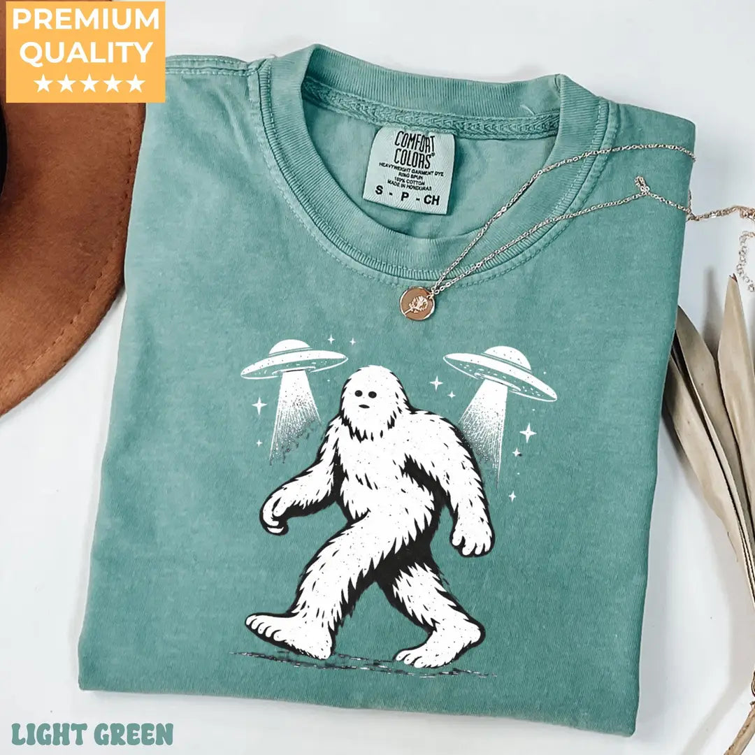 Blue Jean Crewneck sweatshirt with printed Bigfoot UFO design, alternate product view.