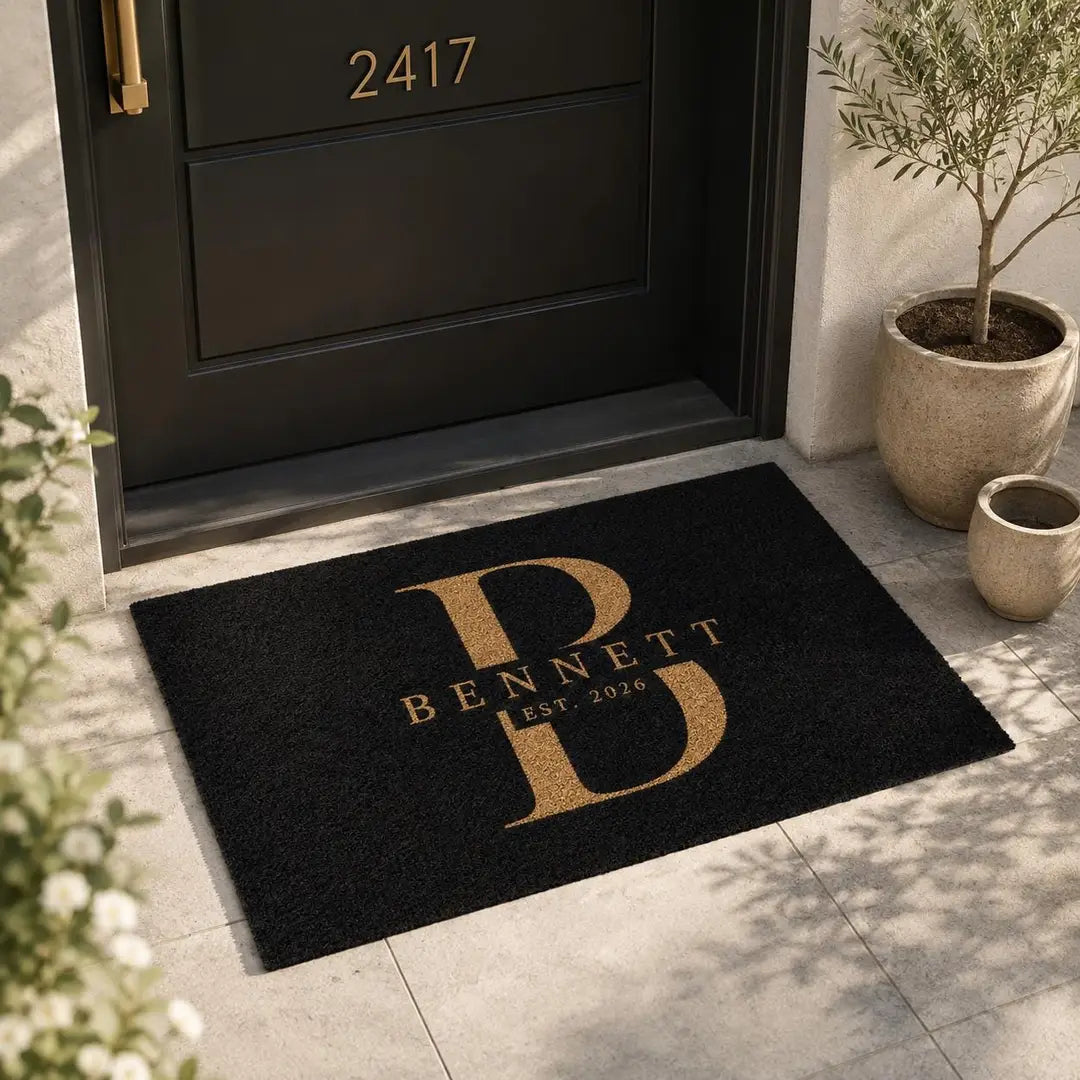 Rectangular black faux coir doormat with a black and gold monogram with a family name and established year at a black front door with house numbers and an olive tree