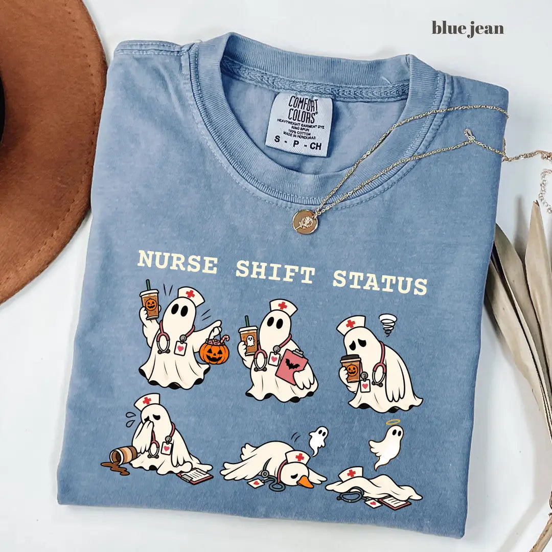 Blue Jean Comfort Colors 1717 T-shirt with Ghost Nurse Halloween design
