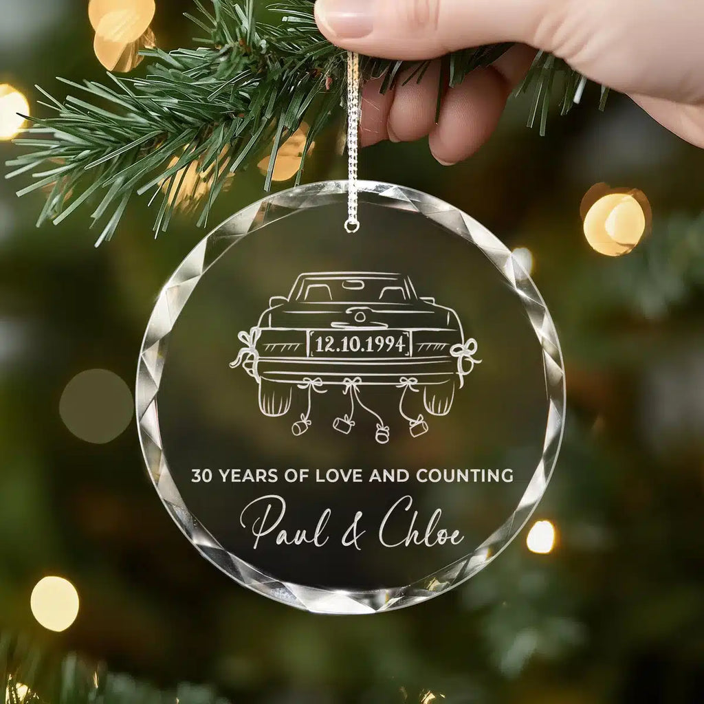 Additional view of a 30th Anniversary personalized engraved engraved crystal glass ornament.