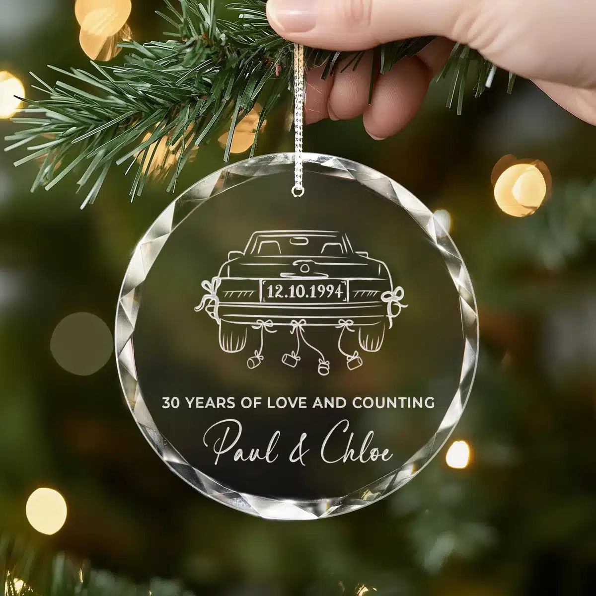 Additional view of a 30th Anniversary personalized engraved engraved crystal glass ornament.