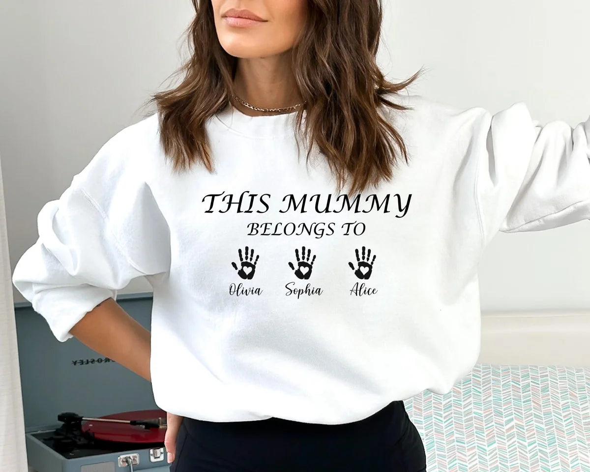 White Crewneck sweatshirt with Custom This Mummy Belongs design, alternate product view.
