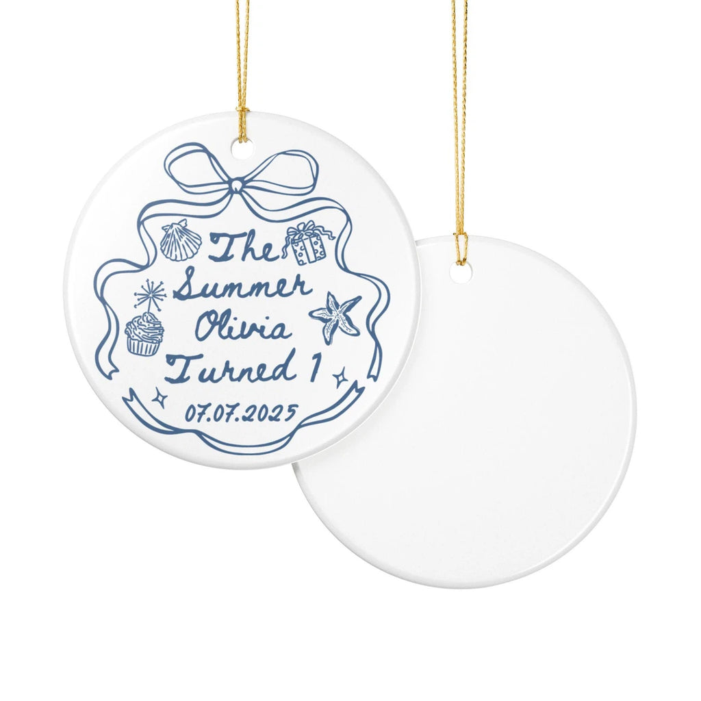 Front and back views of a Summer I Turned 30 personalized ceramic ornament.