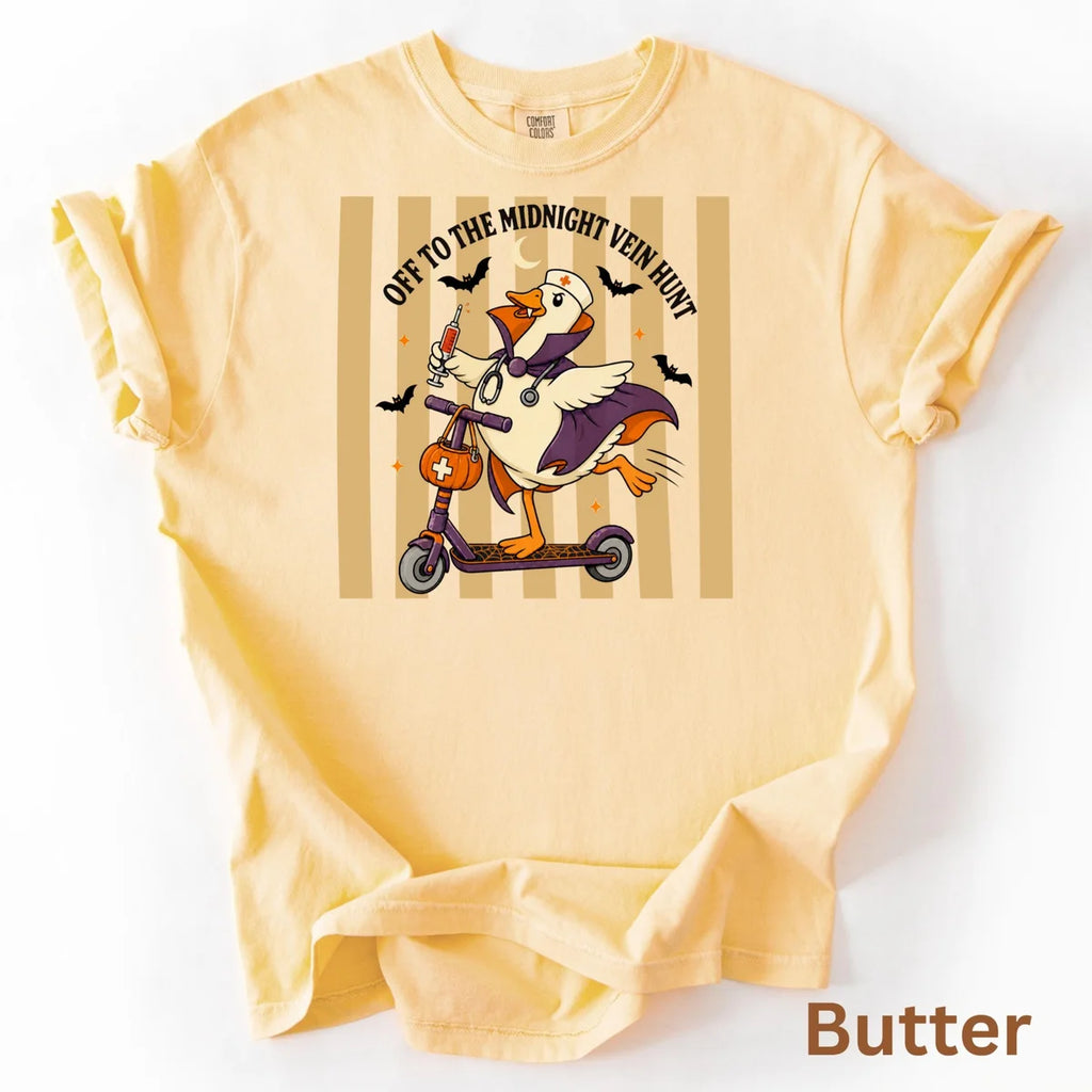 Off to the Midnight Vein Hunt - Nurse Goose Halloween Comfort Colors T-Shirt alternate product view in Butter.