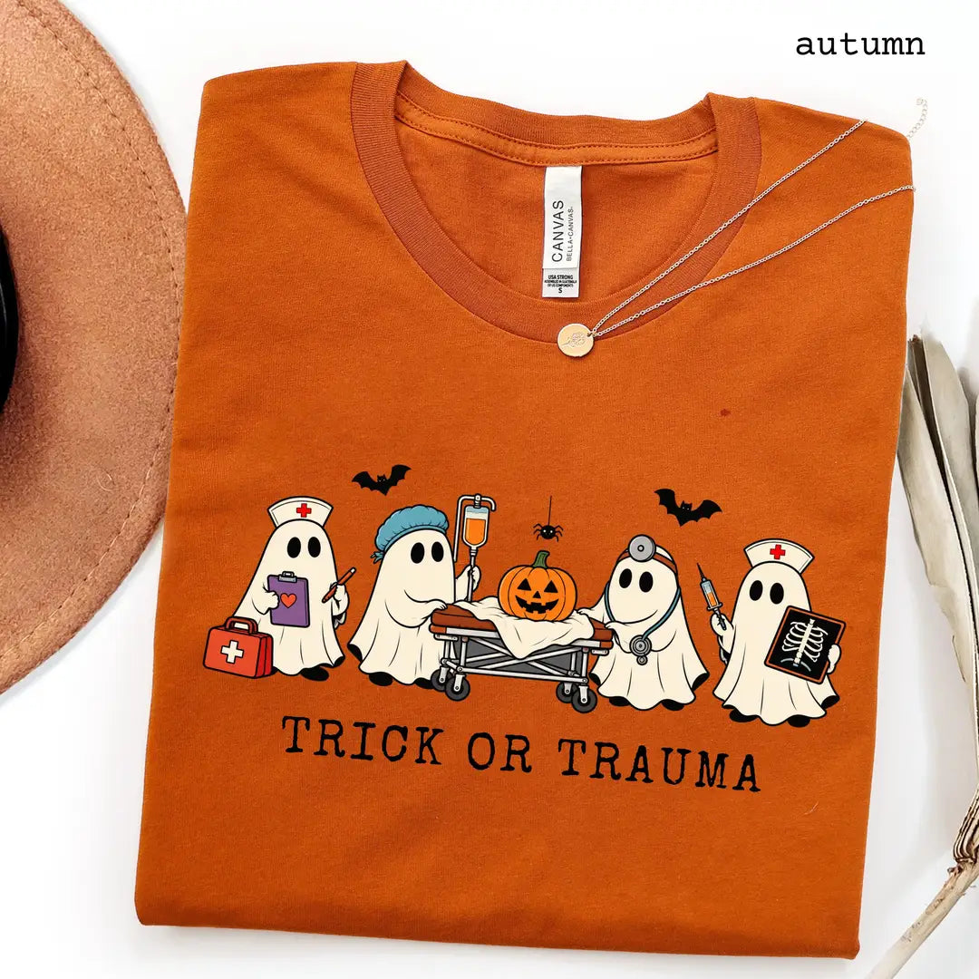 Autumn Bella Canvas 3001 T-shirt with Halloween Nurse design
