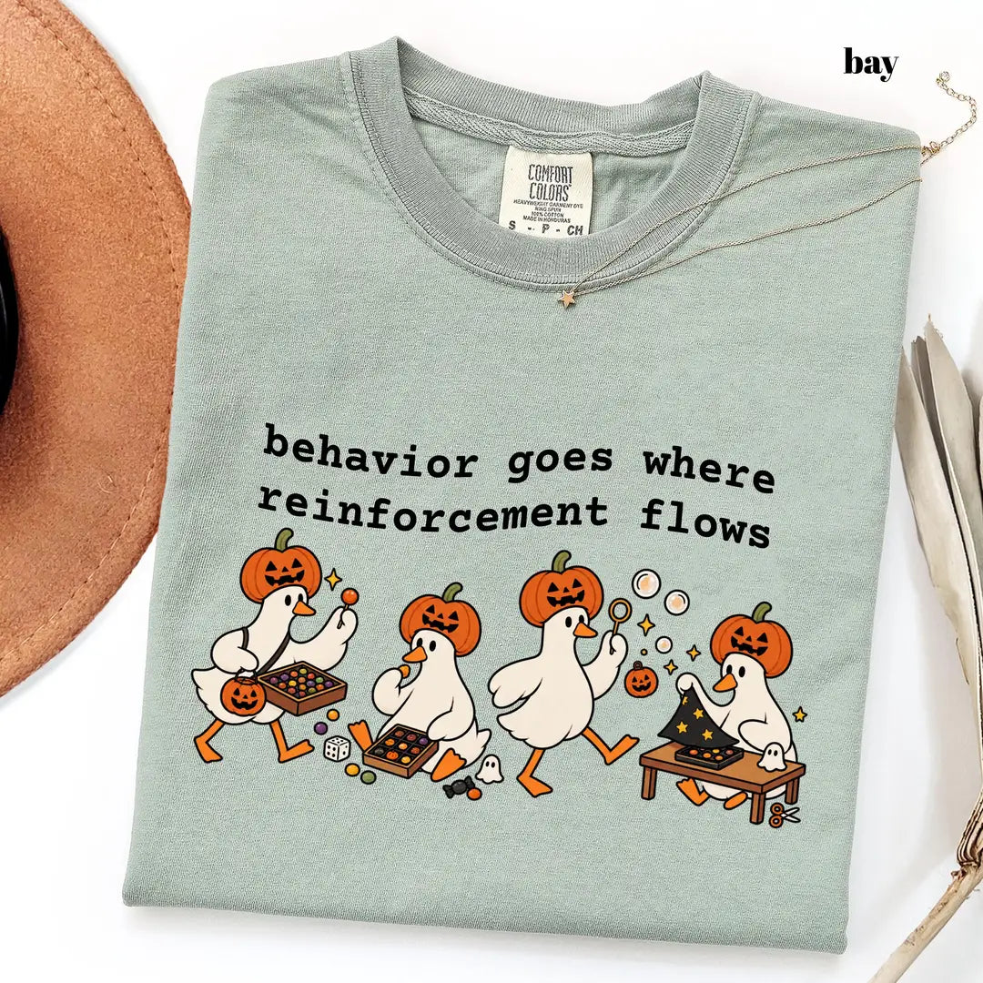 Bay Comfort Colors 1717 T-shirt with Behavior Goes Where Reinforcement Flows design worn by a model