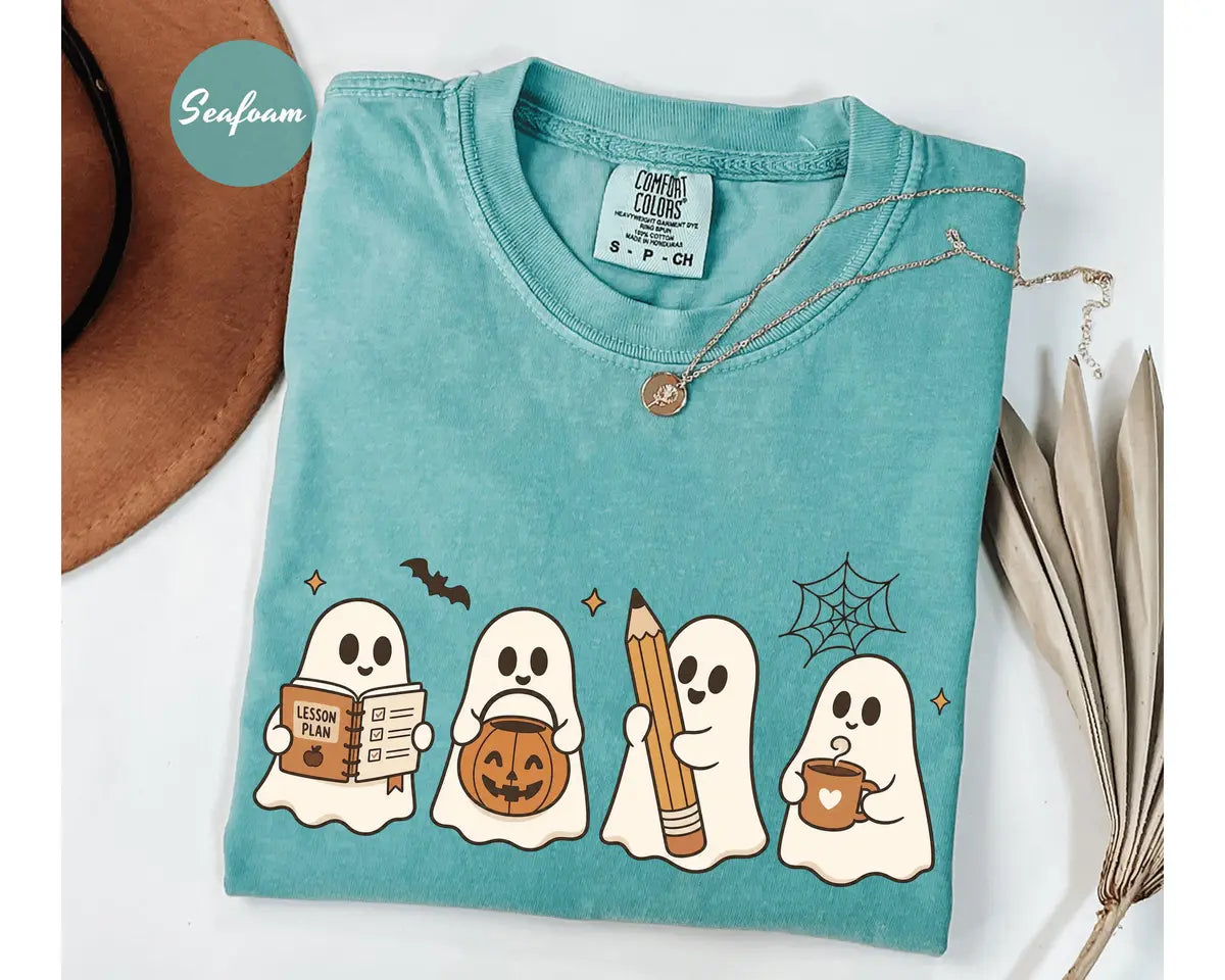 Seafoam Comfort Colors 1717 T-shirt with Halloween Teacher Ghost design