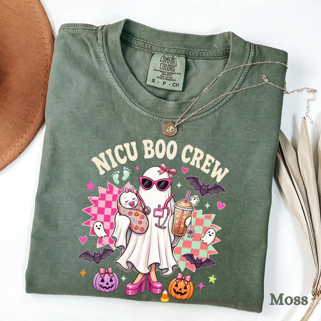 NICU Boo Crew Halloween Comfort Colors T-Shirt alternate product view in Moss.