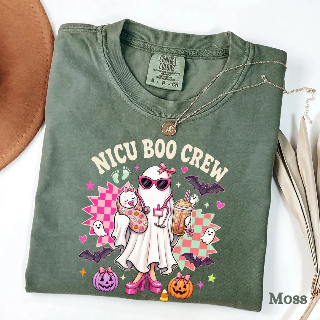 NICU Boo Crew Halloween Comfort Colors T-Shirt alternate product view in Moss.