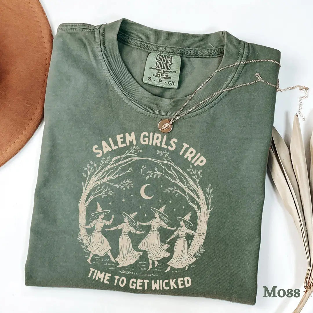 Salem Girls Trip - Dancing Witches Comfort Colors T-Shirt alternate product view in Moss.
