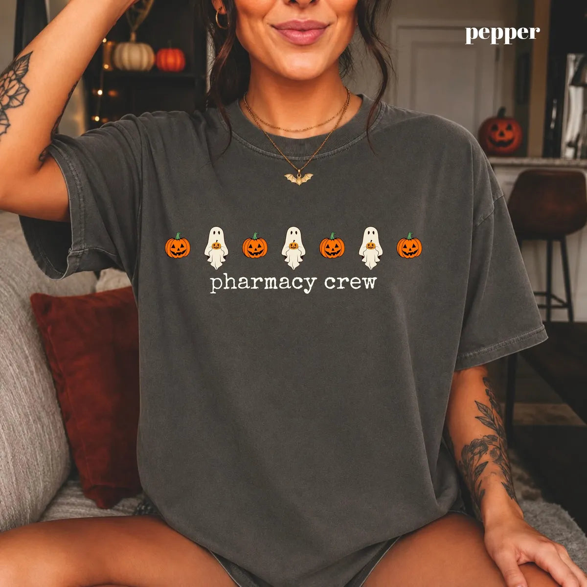 Pepper Comfort Colors 1717 T-shirt with Pharmacy Crew Halloween design view 2