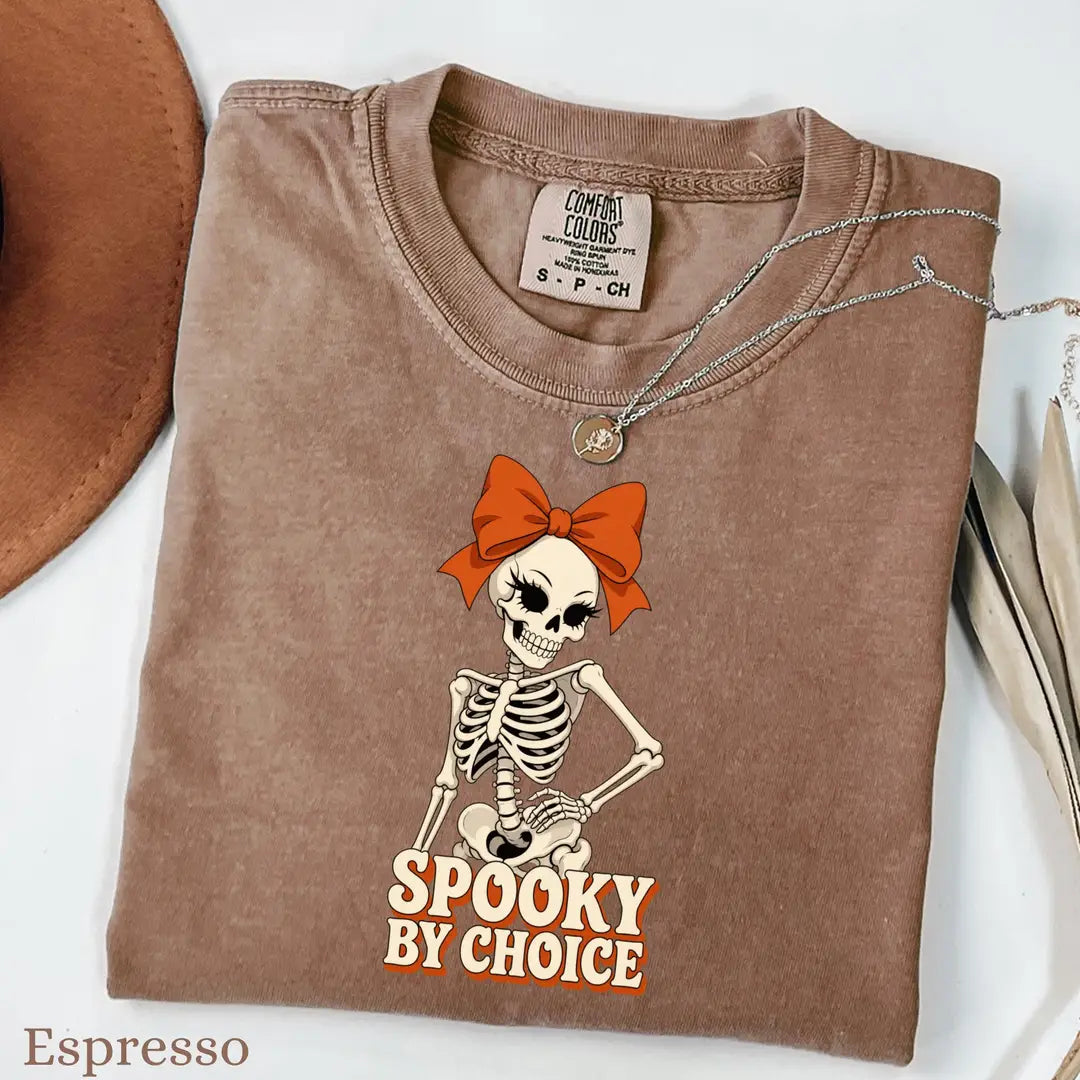 Spooky By Choice Skeleton Comfort Colors T-Shirt alternate product view in Espresso.