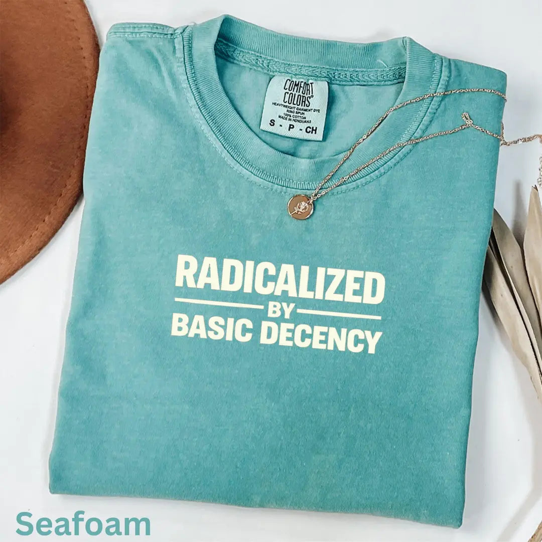 Seafoam Comfort Colors 1717 T-shirt with Radicalized By Basic Decency design, alternate product view.