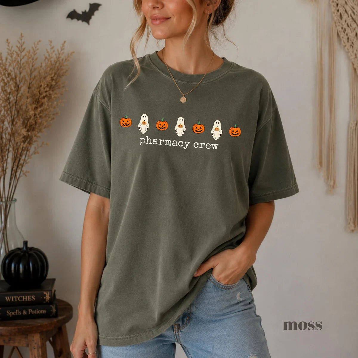 Moss Comfort Colors 1717 T-shirt with Pharmacy Crew Halloween design