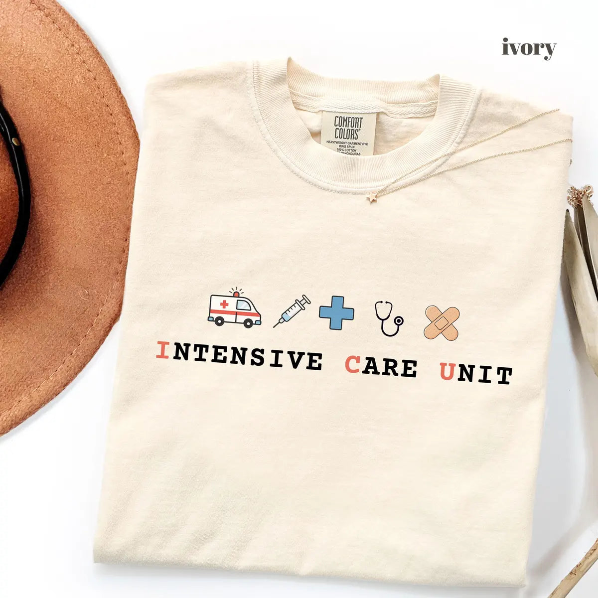Ivory Comfort Colors 1717 T-shirt with ICU Nurse design