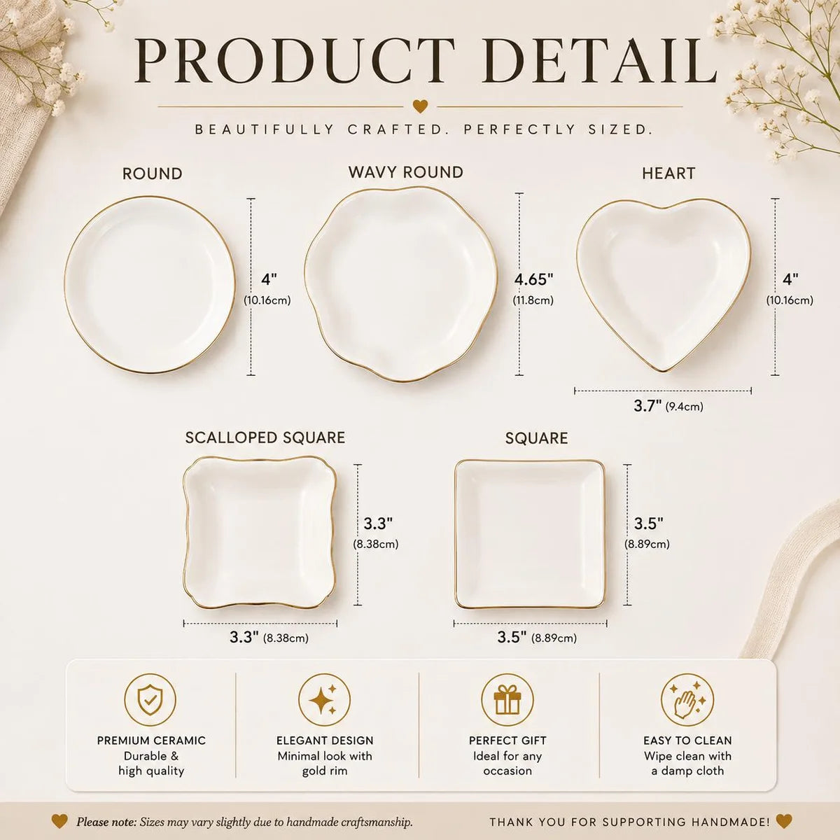 Size chart showing dimensions of the round, wavy round, heart, scalloped square and square ring dishes