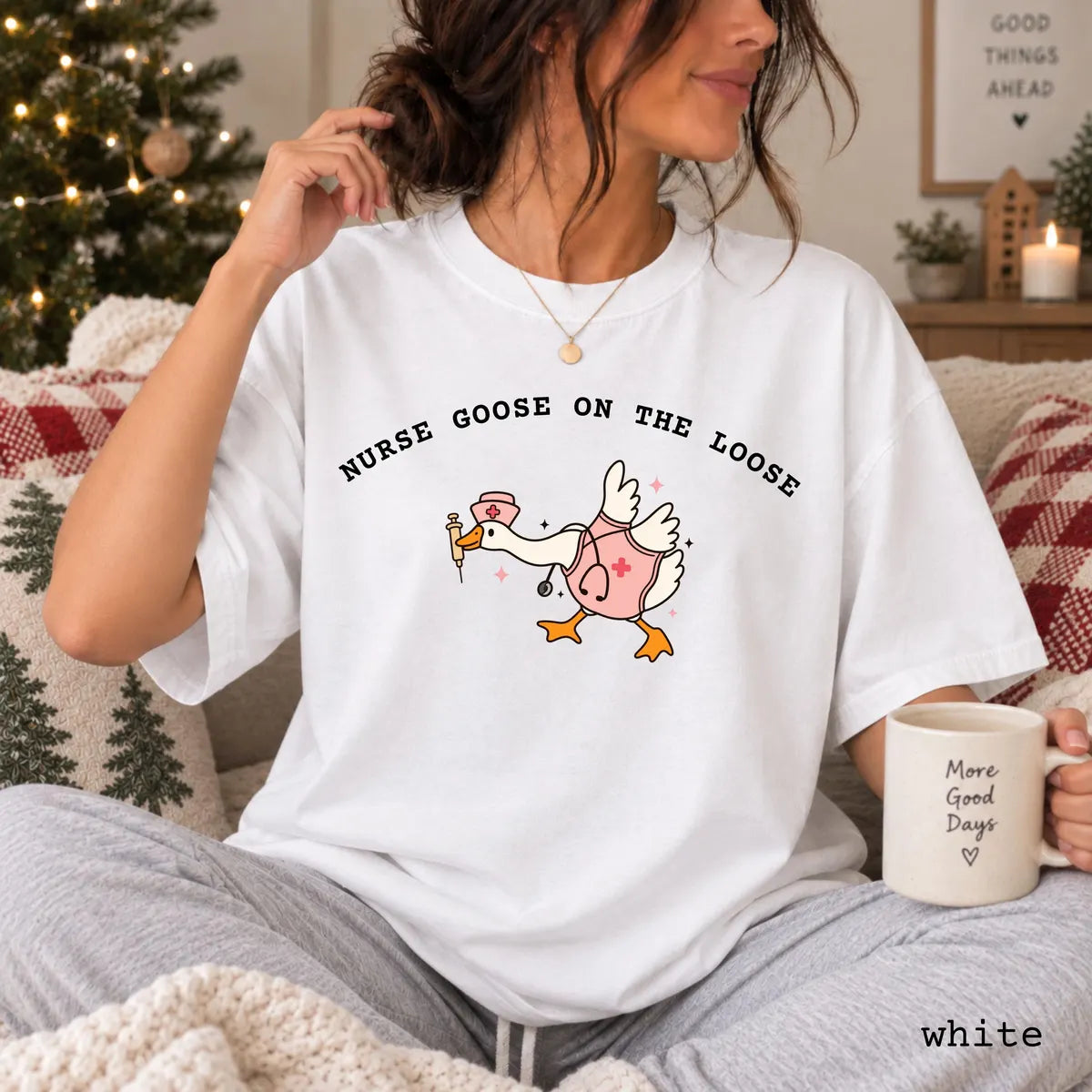 White Comfort Colors 1717 T-shirt with Nurse Goose on the Loose design worn by a model
