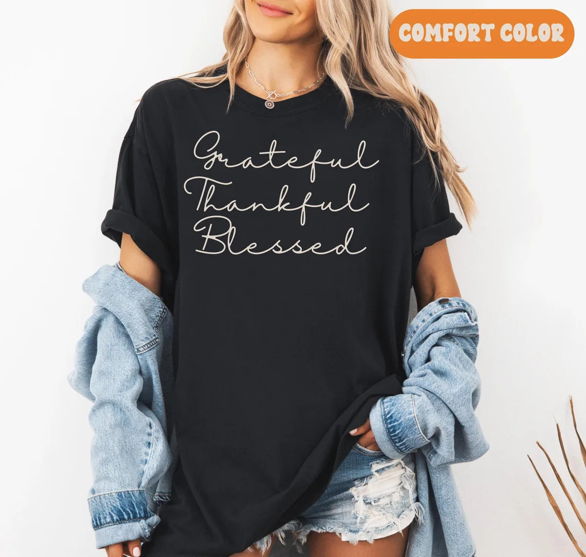 Espresso Crewneck sweatshirt with printed Thankful ® design, alternate product view.