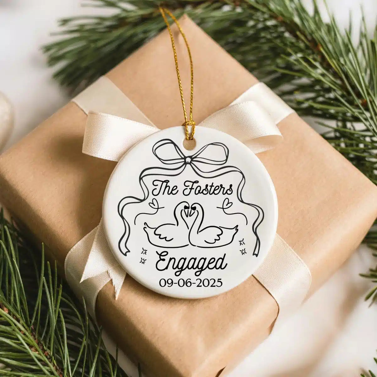 Personalized ceramic ornament featuring Newly Engaged Swan.