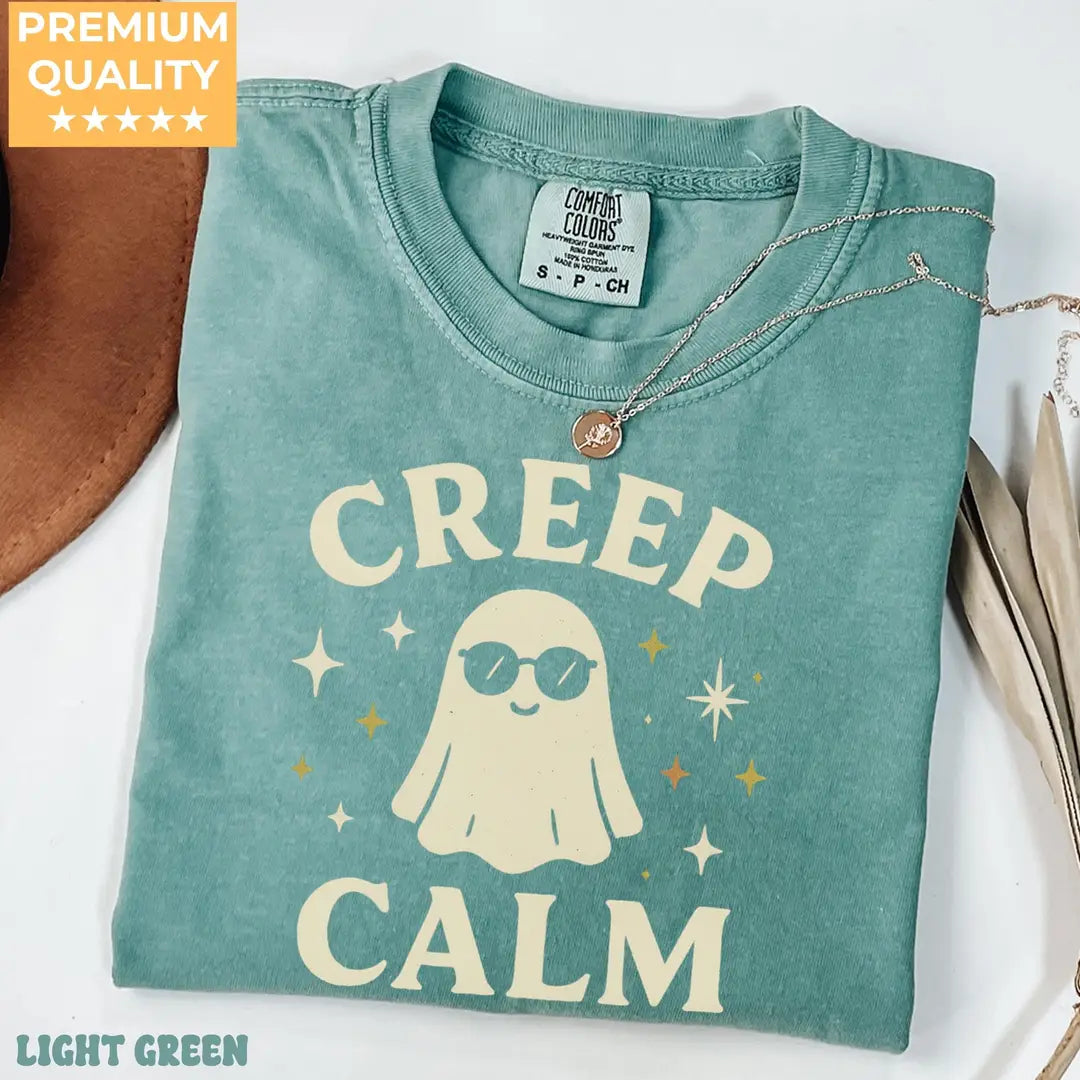 Creep Calm - Cool Ghost Halloween Comfort Colors T-Shirt alternate product view in Light Green.