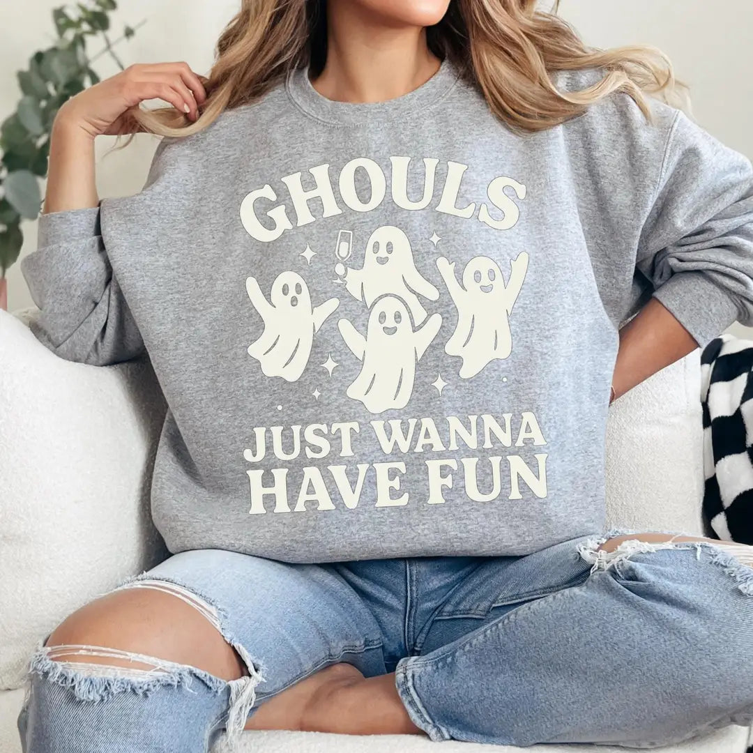 Sport Grey Crewneck sweatshirt with Girls Trip Halloween design, alternate product view.