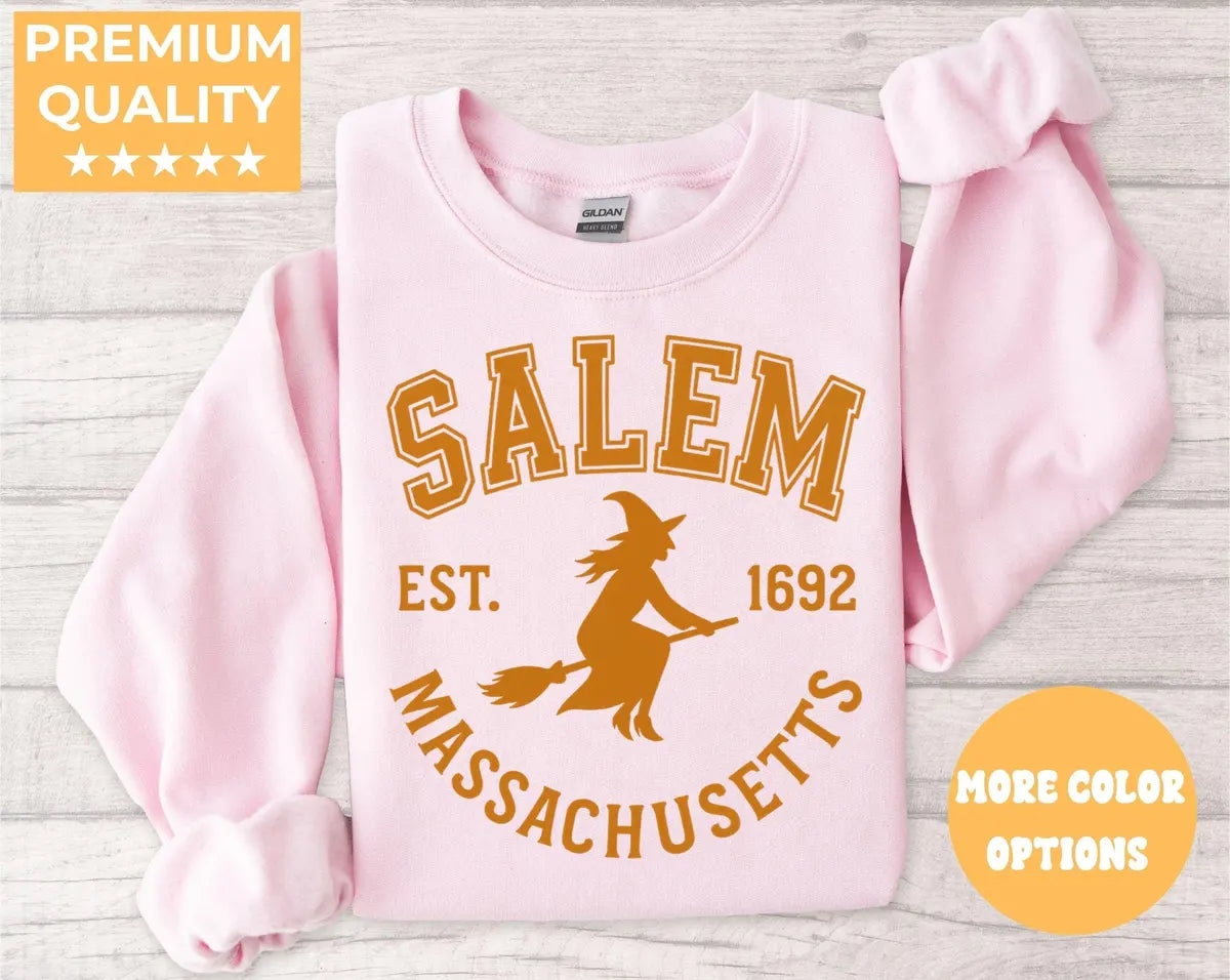 Light Pink Crewneck sweatshirt with printed Salem Witch design, alternate product view.