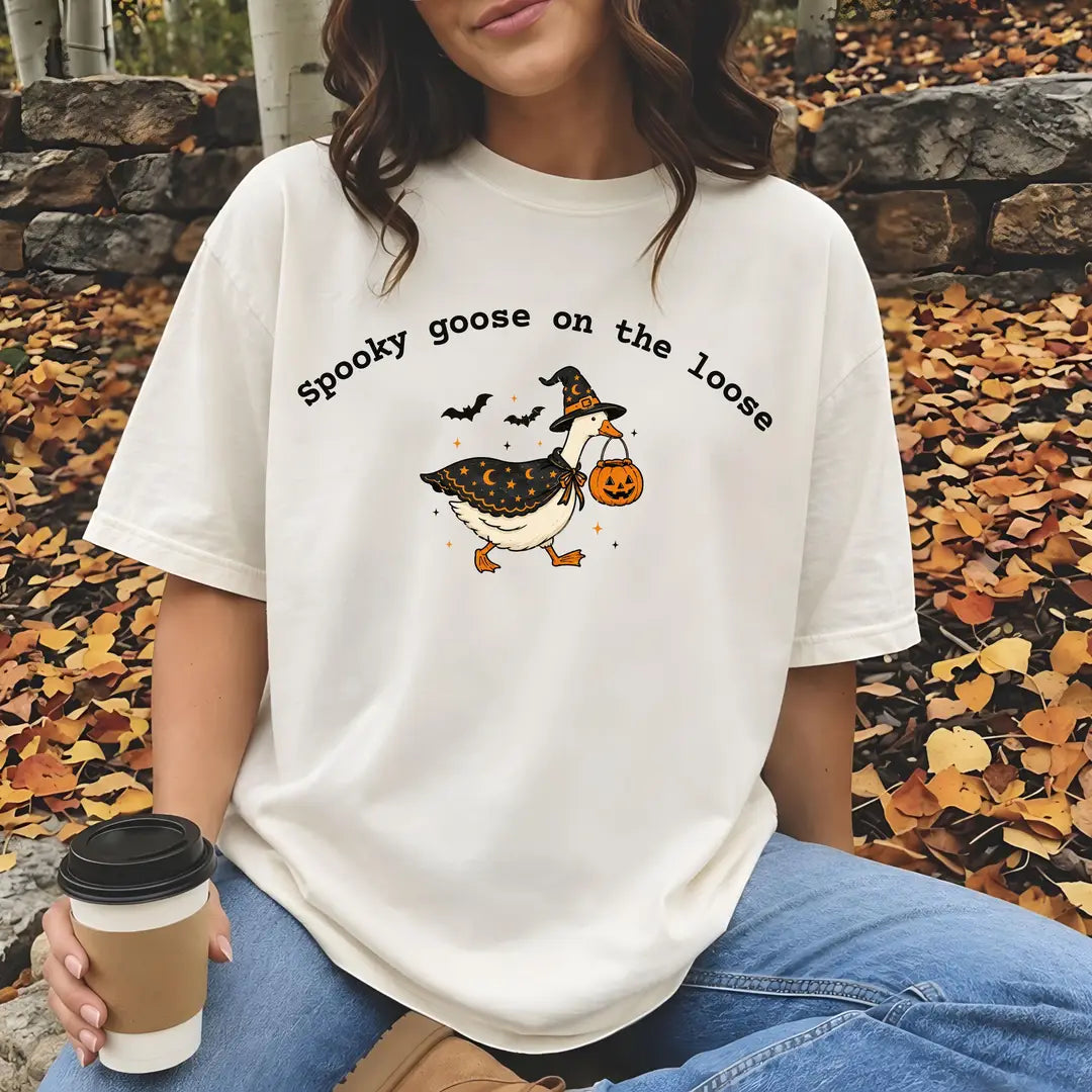 Comfort Colors 1717 T-shirt with Spooky Goose On The Loose design worn by a model